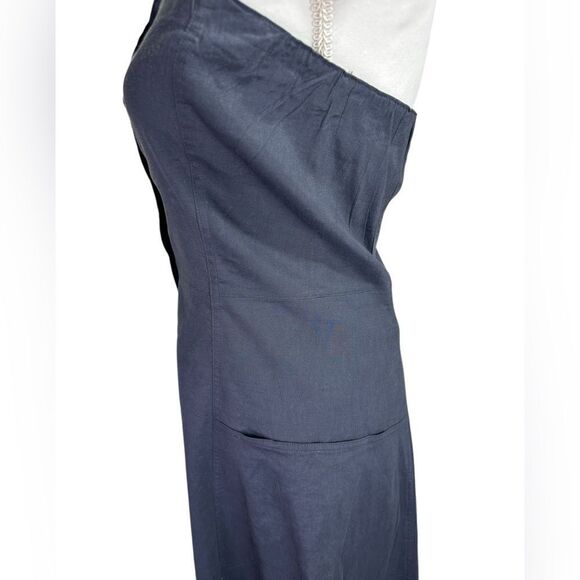 Theory Kayleigh Soft Crunch Linen-Blend Midi Dress Strapless Navy Size 6 - Picture 4 of 12